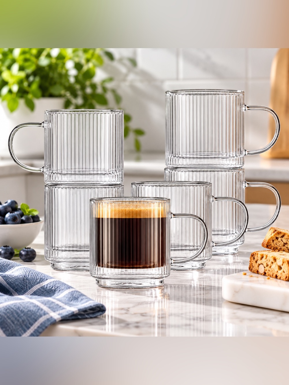 JoyJolt Haven Fluted Double Wall Glass Mugs 13.5 oz Set of 6